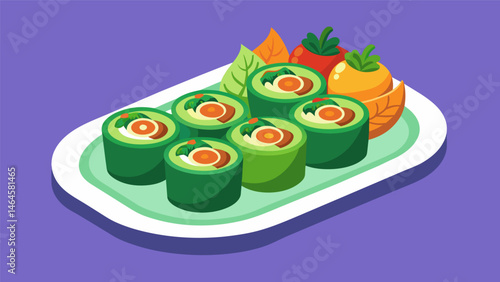 A platter of bitesized veggie rollups featuring freshly picked greens and roasted vegetables.. Vector illustration