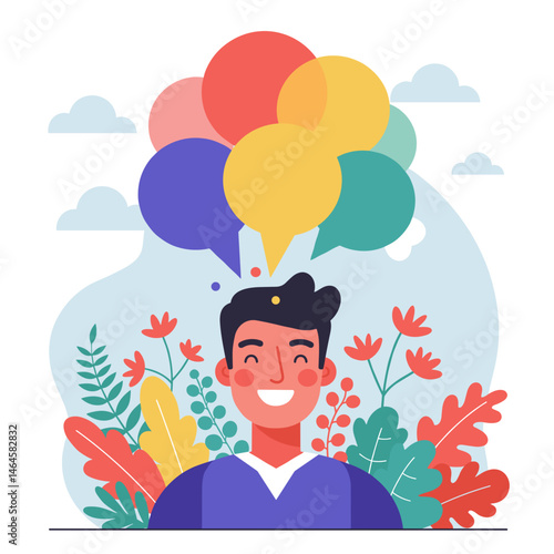 Cheerful man with colorful thought balloons surrounded by flowers and leaves on bright background with copy space