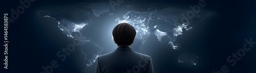 The silhouette of a logistics manager interacts with a virtual map showcasing global distribution networks and technological advancements, offering ample copy space for messaging.