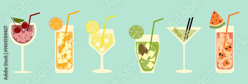 Cocktail Party, Nightclub. Set of flat poster, label, cover. Different glasses according to the menu. Alcoholic drinks.