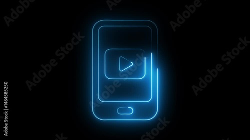 Glowing neon phone youtube icon isolated on black background. HD Video motion graphic animation