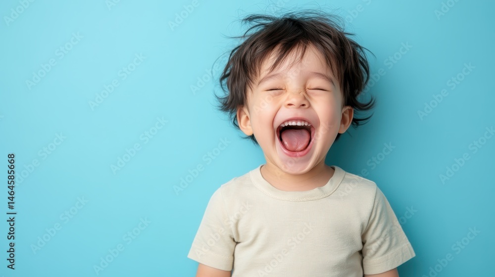 A happy child laughing wholeheartedly in front of a bright blue background, exuding pure joy and innocence, capturing the essence of childhood and uncomplicated happiness. A happy child laughing wholeheartedly in front of a bright blue background, exuding pure joy and innocence, capturing the essence of childhood and uncomplicated happiness.