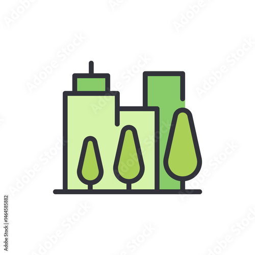 Stylized Cityscape Illustration with Green Buildings and Trees Icon