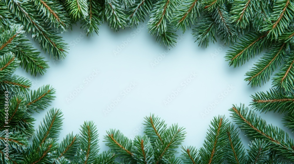Fresh evergreen sprigs frame a light blue background Fresh evergreen sprigs frame a light blue background