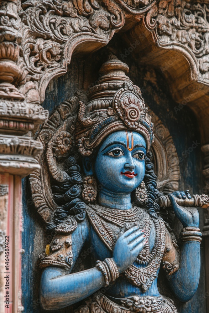 Fototapeta premium Detailed Blue Figure Carving in Archway with Ornate Woodwork