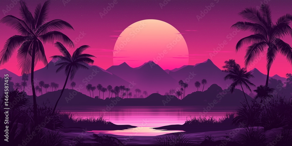 Naklejka premium Stunning Retro Tropical Landscape With Vibrant Sunset and Palm Trees