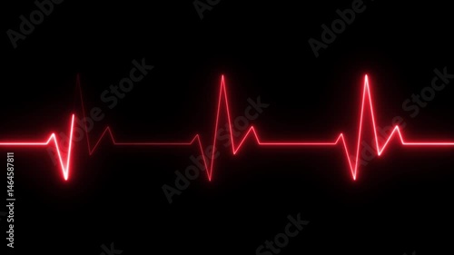 Neon red glowing cardiogram heartbeat pulse rate animation on black background, heart health monitoring, pulse rate signal