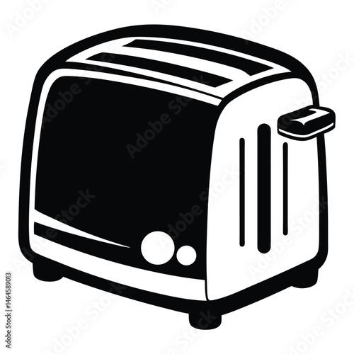 Black and white toaster illustration features dual slots and simple design elements isolated