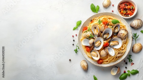 Wallpaper Mural A delectable plate of spaghetti alle vongole with fresh clams and a side of tomato salsa Torontodigital.ca