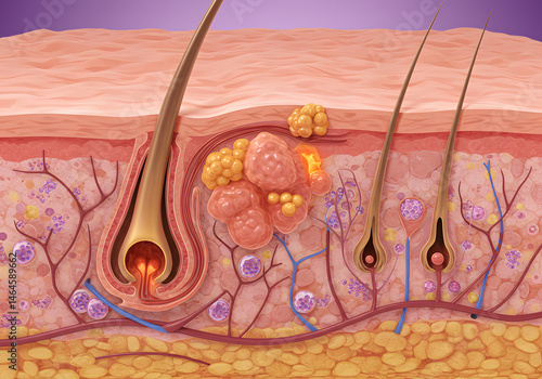 Detailed Illustration of Sebaceous Gland with Hair Follicle and Surrounding Skin Structures