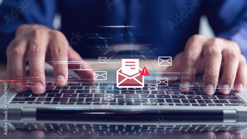 Fotografie Email inbox with spam virus warning message to alert about internet security threats, spam email pop-up warning