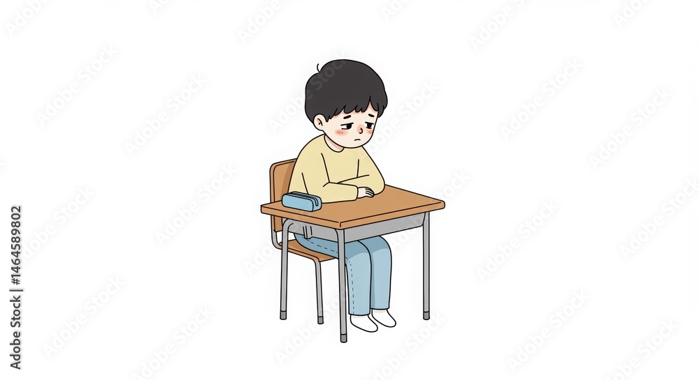 Fototapeta premium Boy sitting sadly at a desk in an empty classroom 