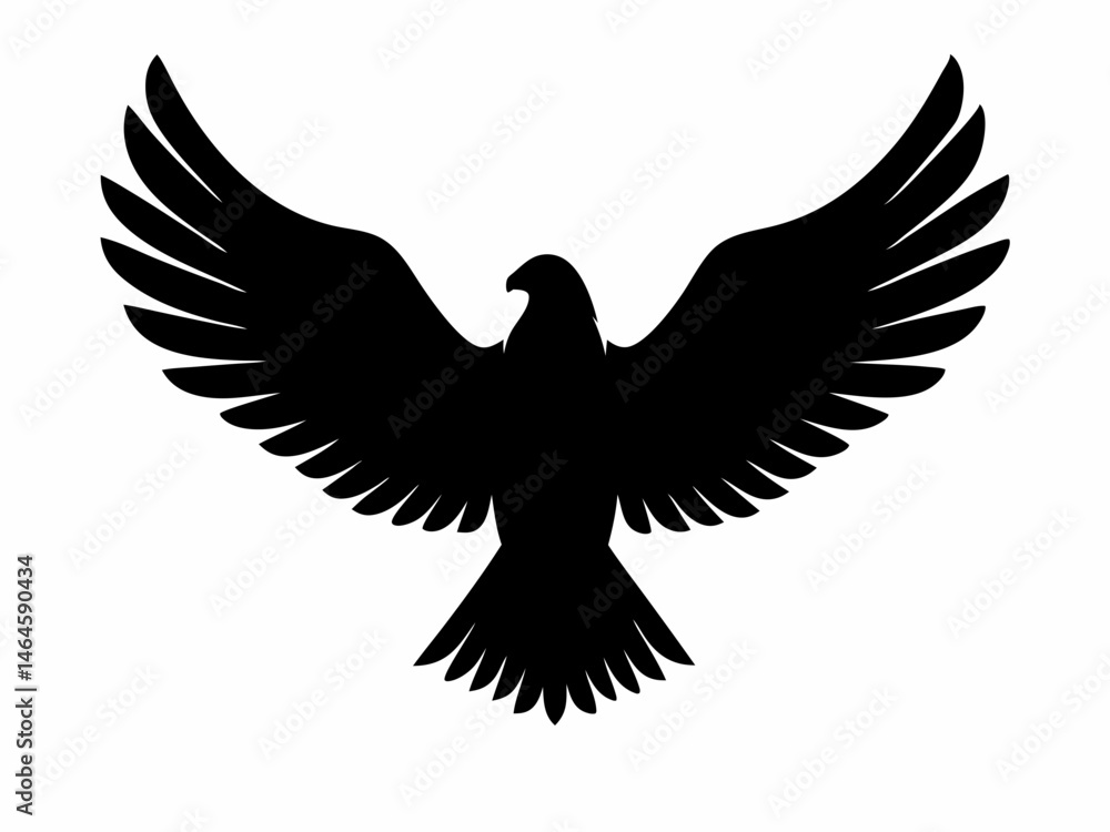 Fototapeta premium Black vector silhouette of an eagle in flight with spread wings, a wild bird illustration symbol