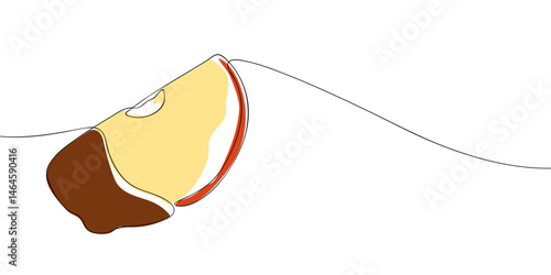 Minimalist illustration of a sliced apple partially dipped in chocolate, created with continuous line art and soft coloring.