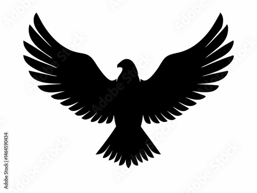 Black vector silhouette of an eagle in flight with spread wings, a wild bird illustration symbol