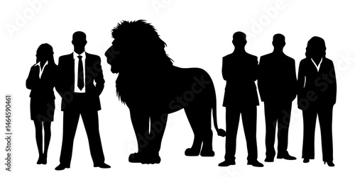 Black vector illustration of silhouettes of people, a group of business people in action, and lion standing between showing majesties.