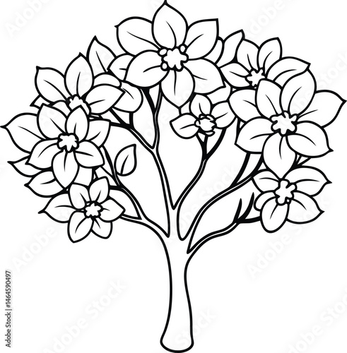 Blooming Fruit Tree Line Art Vector Garden