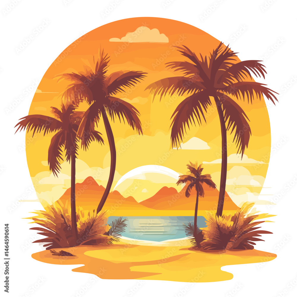 2D flat vector illustration of A Tropical Sunrise With Golden Skies, isolated on a white background. 2D flat vector illustration of A Tropical Sunrise With Golden Skies, isolated on a white background.