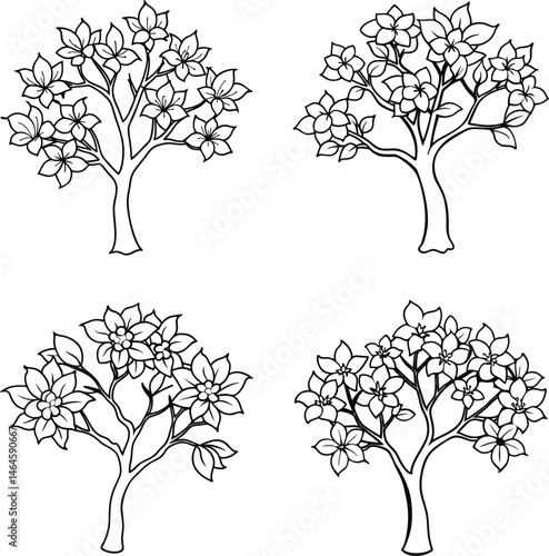 Blooming Fruit Tree Line Art Vector Garden Set