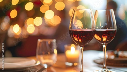 Romantic dinner setting with two glasses of red wine on a table with candlelight and bokeh background.