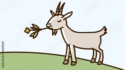 A cartoon goat eating grass, standing on the top of mountain with blue sky background