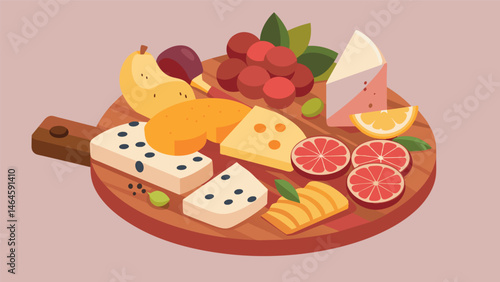 A homemade charcuterie board with an array of meats cheeses crackers and fruits perfect for snacking on while working from the comfort of your own home.. Vector illustration