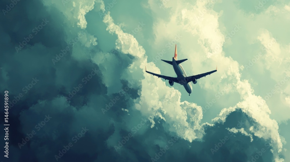 Fototapeta premium Airplane Soaring Through Cloudy Skies: A Breathtaking Aerial View