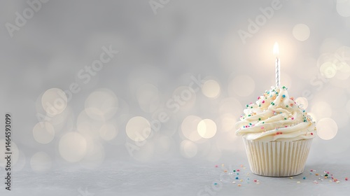 A cupcake with white frosting and colorful sprinkles