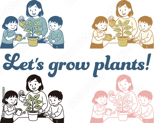 植物に水をあげるファミリーのイラスト