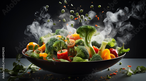 Steaming Broccoli Peppers and Peas in Wok Healthy Vegan Food Photo