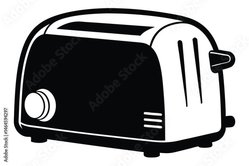 Retro style monochrome toaster appliance has black body and white highlights, with a round control