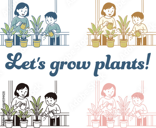 植物に水をあげるファミリーのイラスト