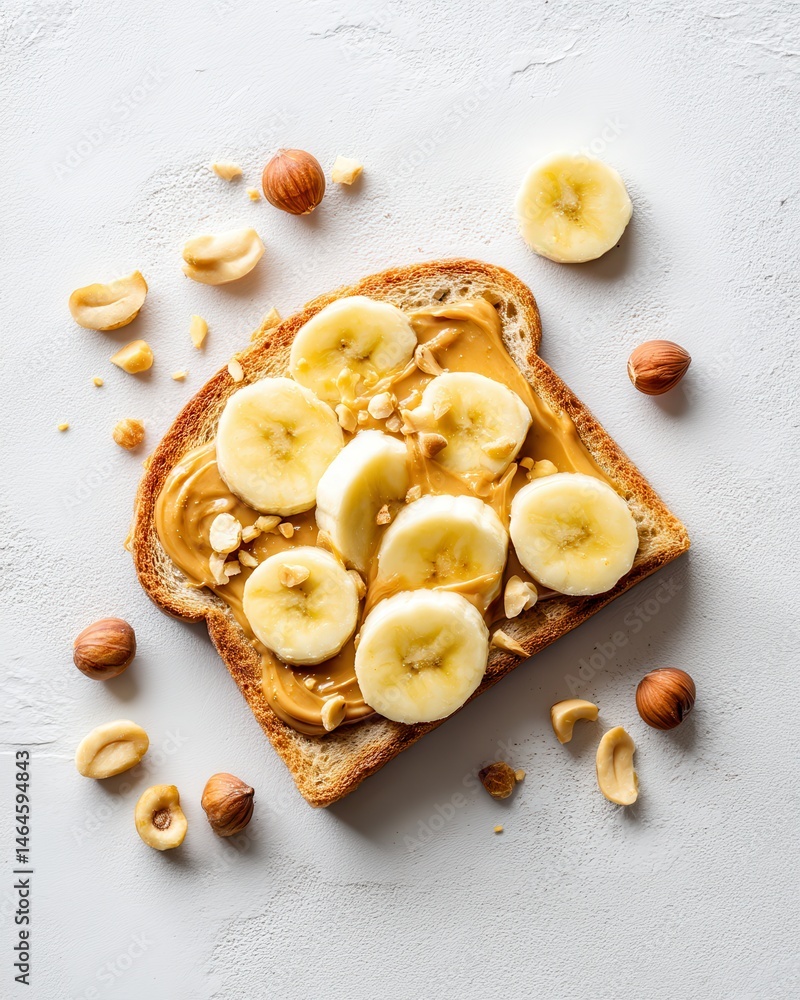Fototapeta premium Toast with Peanut Butter, Sliced Bananas, Chopped Nuts on White Background, Healthy Breakfast, Delicious Snack with Vibrant Colors and Texture