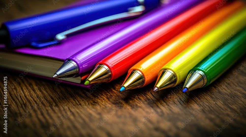 Fototapeta premium Colorful pens and a notebook on a wooden surface.