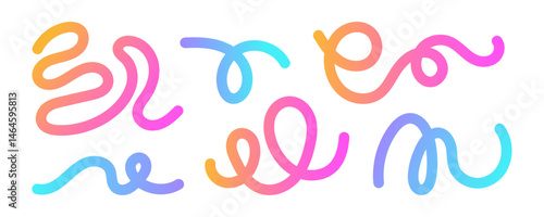Collection of colorful squiggle lines with smooth rainbow gradients on a white background. Abstract curved doodle fluid lines in neon colors.