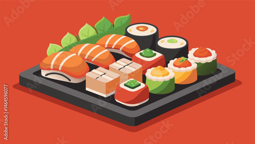 A mouthwatering display of sushi art with each piece carefully crafted and presented for maximum flavor.. Vector illustration