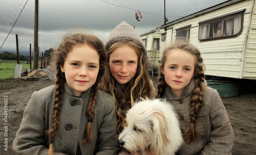 Rural irish traveller children with dog outside vintage caravan in countryside with overcast sky and rustic environment portraying innocence and simple living.