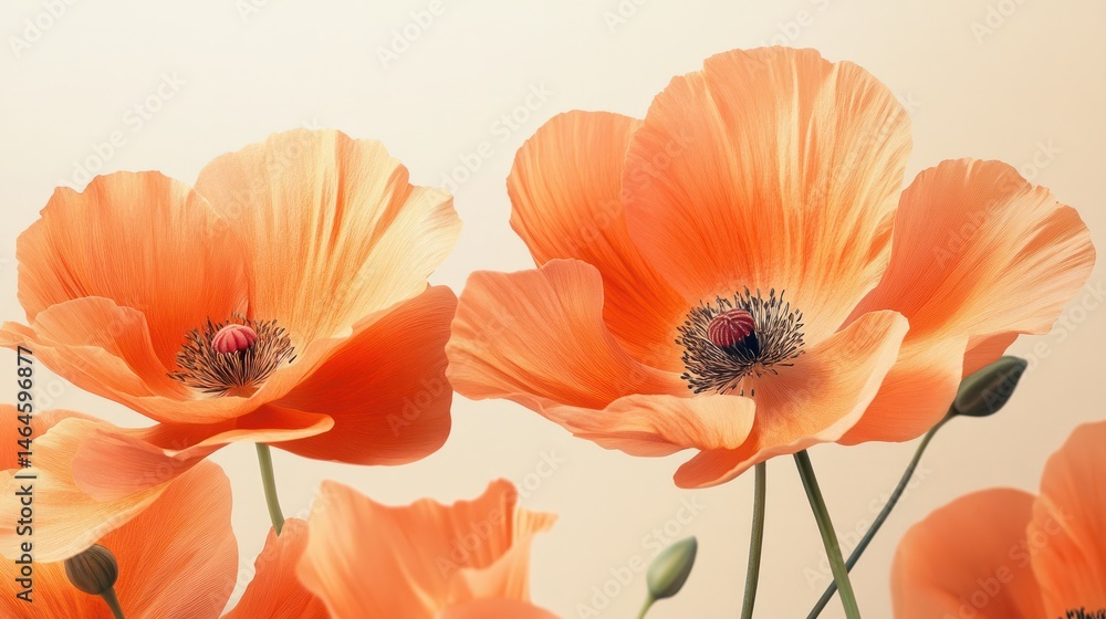Obraz premium Beautiful close-up of vibrant orange poppies with delicate petals and dark centers against a soft beige background, showcasing natural floral beauty and elegance