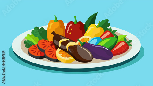 A platter of roasted vegetables including eggplant zucchini and bell peppers artfully arranged and drizzled with a balsamic glaze.. Vector illustration