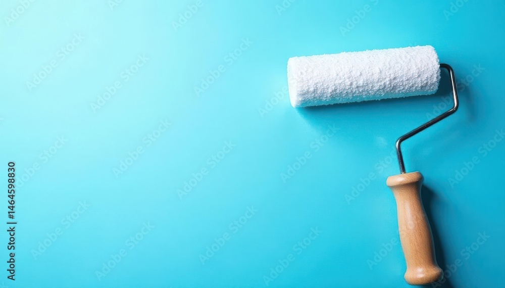 Obraz premium White paint roller on blue wall background Copy space , blue wall, image, graphic