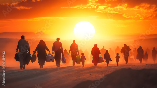 Diverse Refugees Walking Across a Dusty Road Carrying Their Belongings Bathed in the Warm Glow of a Setting Sun.