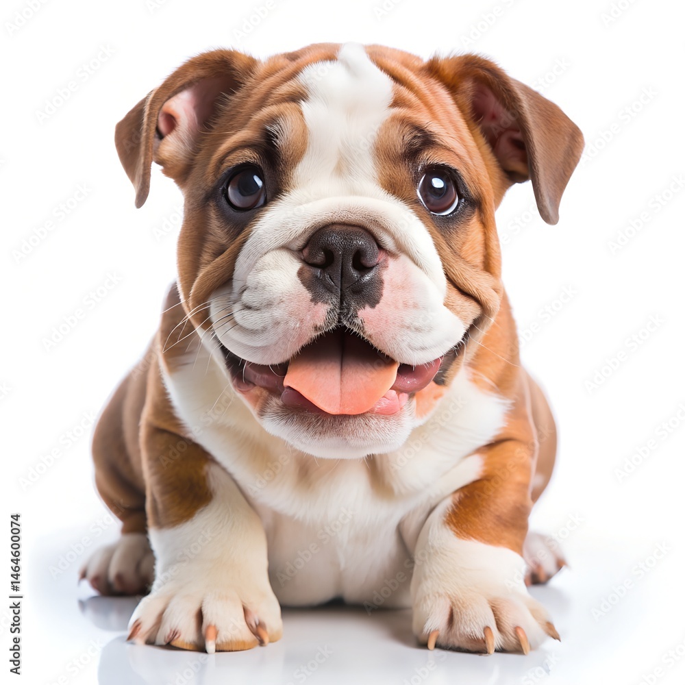 A close-up shot of an adorable smiling bulldog puppy, exuding joy and sweetness with its adorable expression. white background A close-up shot of an adorable smiling bulldog puppy, exuding joy and sweetness with its adorable expression. white background
