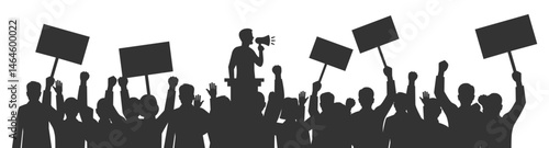 Silhouettes people at political rally. People with banner and placard background