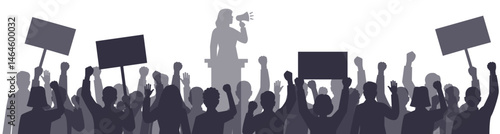 Silhouettes people at political rally. People with banner and placard background
