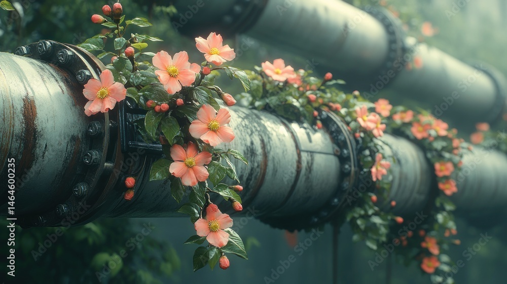 Rusty pipes adorned with blooming flowers Rusty pipes adorned with blooming flowers