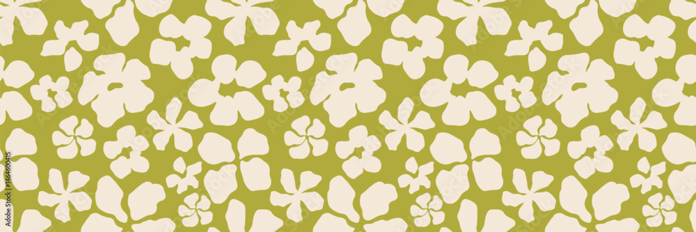 Seamless floral pattern with abstract cream flowers on olive green background. Hand-drawn botanical design perfect for fabric, wrapping paper, wallpapers, textiles, and digital projects. Vector art