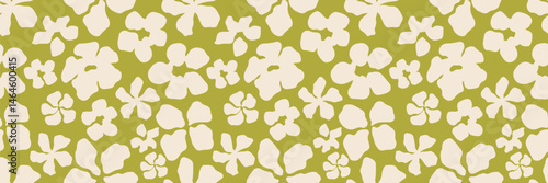 Seamless floral pattern with abstract cream flowers on olive green background. Hand-drawn botanical design perfect for fabric, wrapping paper, wallpapers, textiles, and digital projects. Vector art