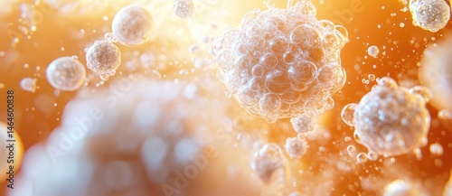 Abstract representation of microscopic cells and bubbles floating in an orange and yellow background with soft light effects