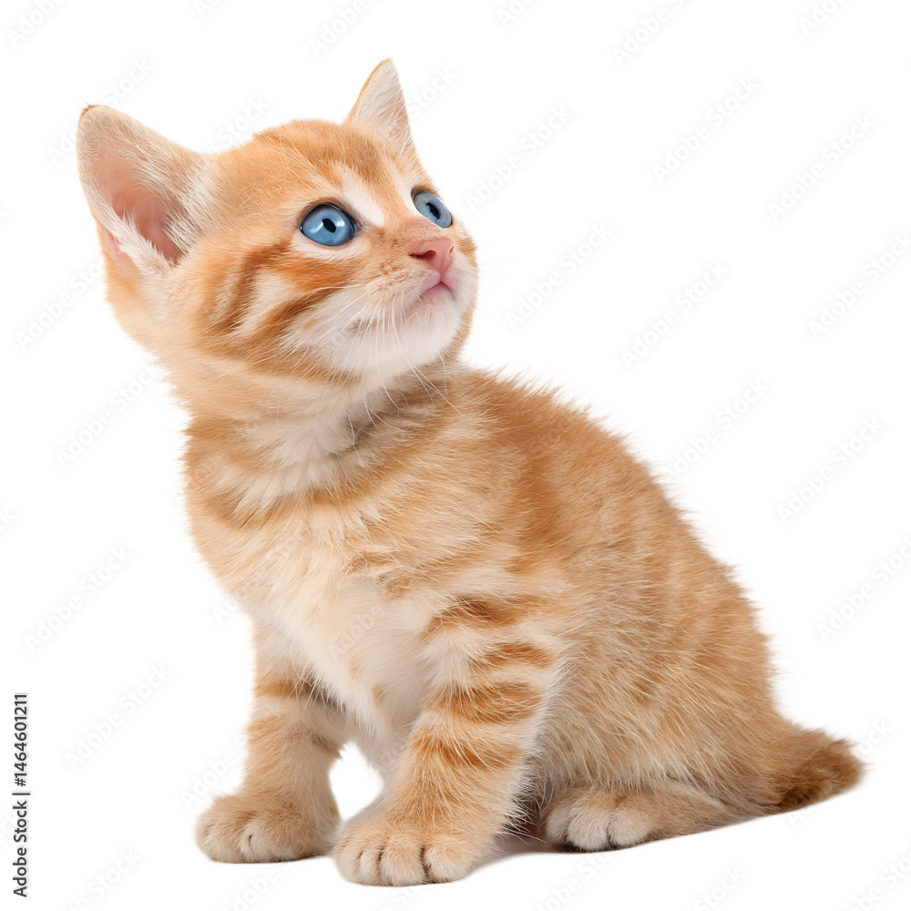 Obraz premium Charming orange kitten with striking blue eyes, looking up at a transparant background