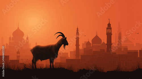 Goat Silhouette at Sunset Over Historic Architecture - Eid al-Adha Theme
